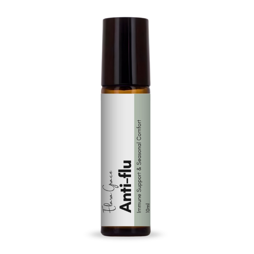 Amber dropper bottle with dark cap labeled 'Anti-flu' for immune support and seasonal comfort, 10 ml